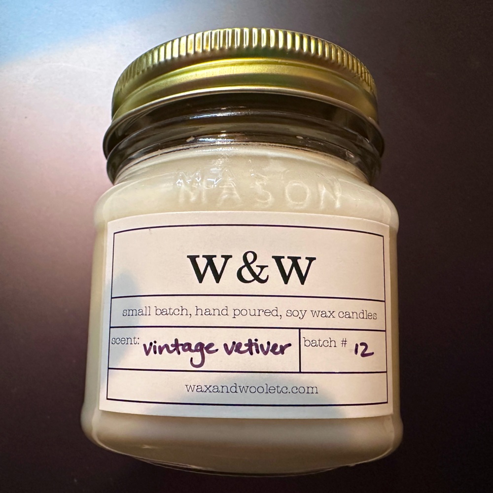 Wax & wool small batch hand pored soya wax candle. Cottage industry, candle